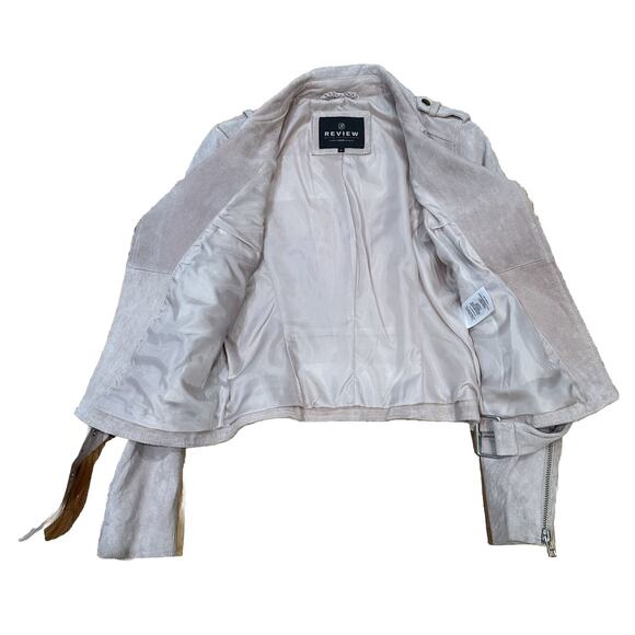 REVIEW Jacket Women’s Small 100% Leather Pink Belted Velour Motorcycle Jacket - Picture 2 of 9